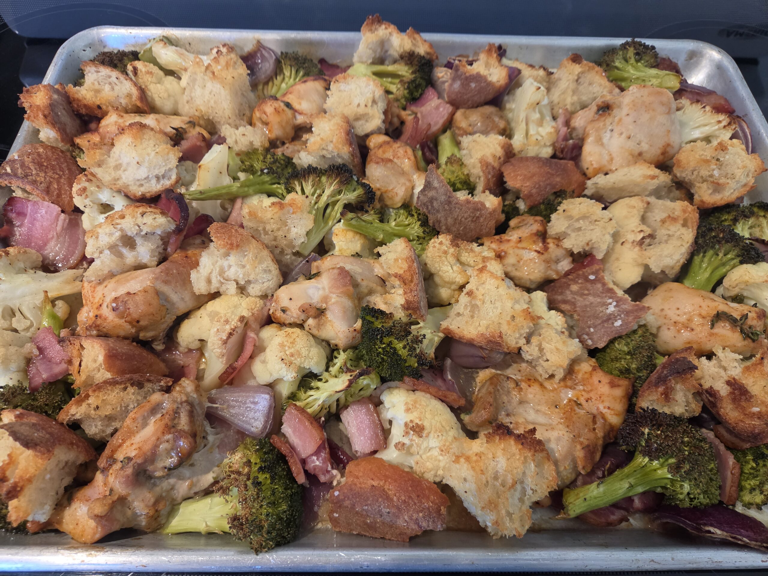 Chicken Sheet Pan Dinner with Bacon, Roasted Vegetables, and Sourdough Croutons