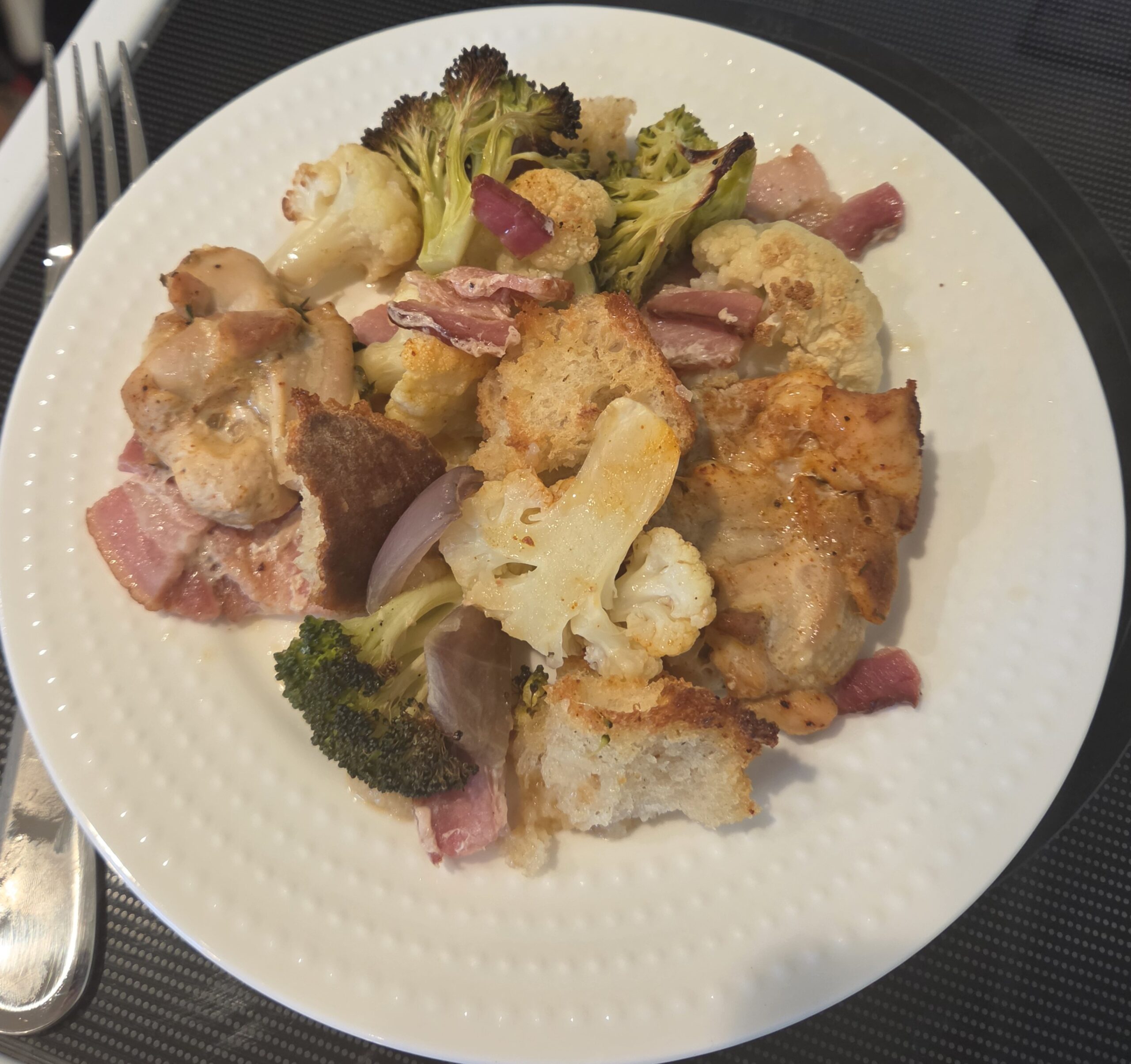 Chicken Sheet Pan Dinner with Bacon, Roasted Vegetables, and Sourdough Croutons