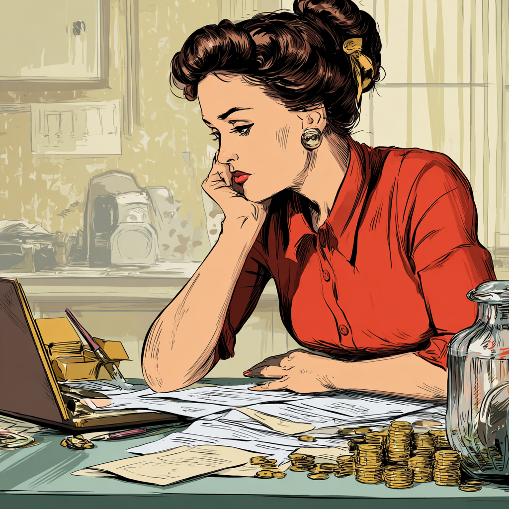 Woman sitting at desk with computer trying to figure out reports in QBO.