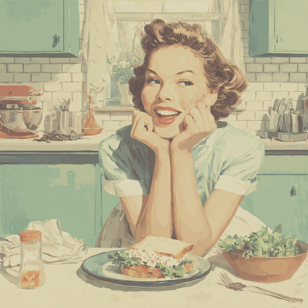 Woman enjoying tuna sandwich and salad