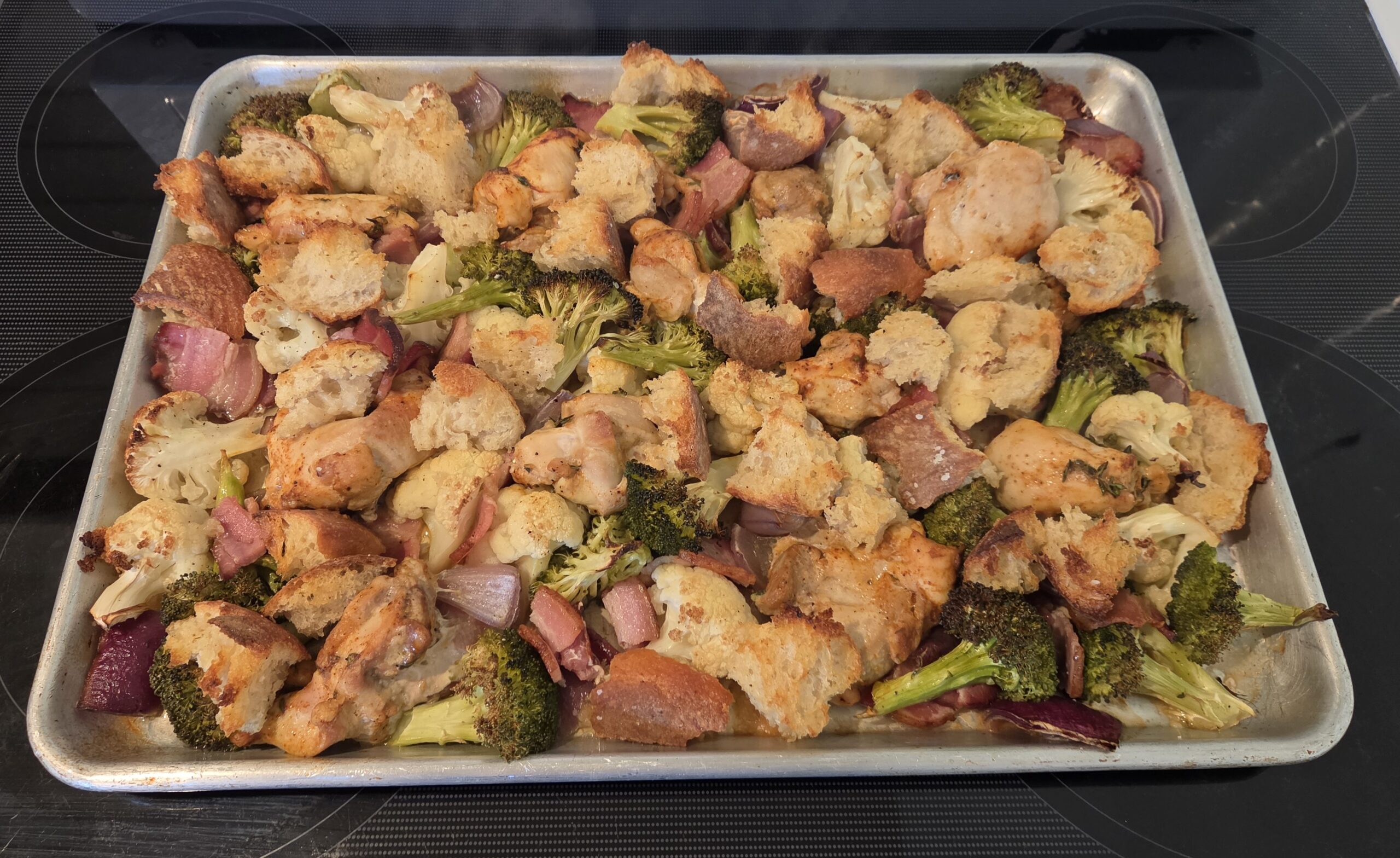 Chicken Sheet Pan Dinner with Bacon, Roasted Vegetables, and Sourdough Croutons